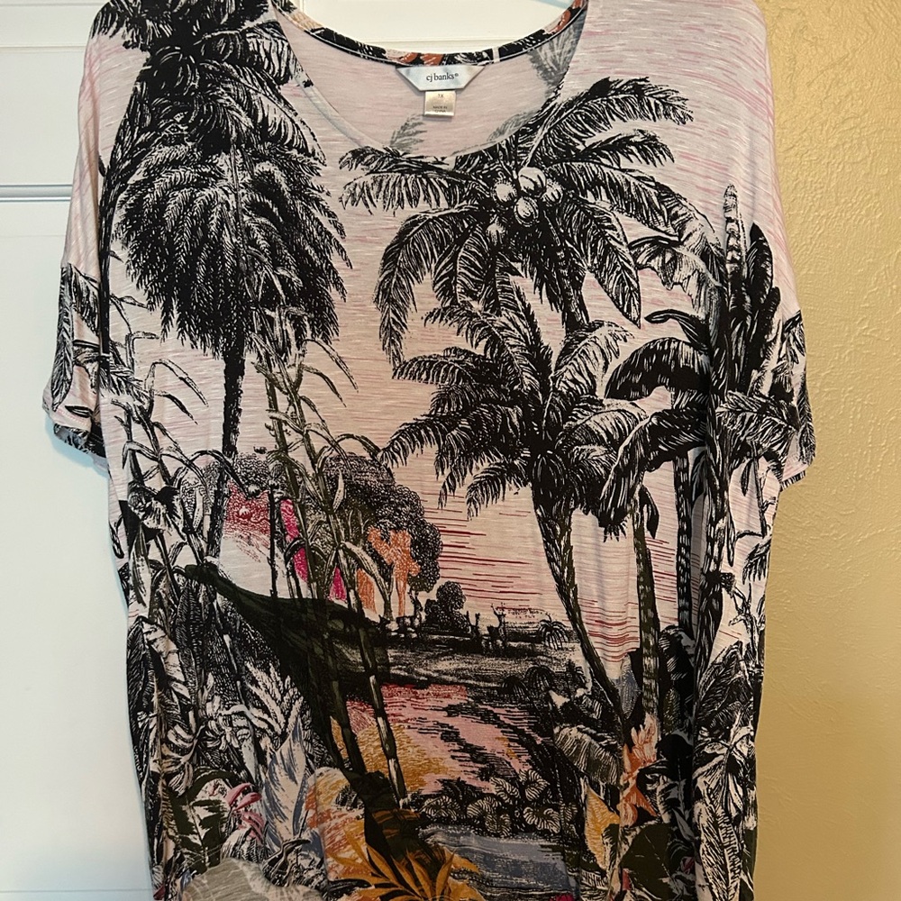 CJ Banks Black and White Palm Print Top